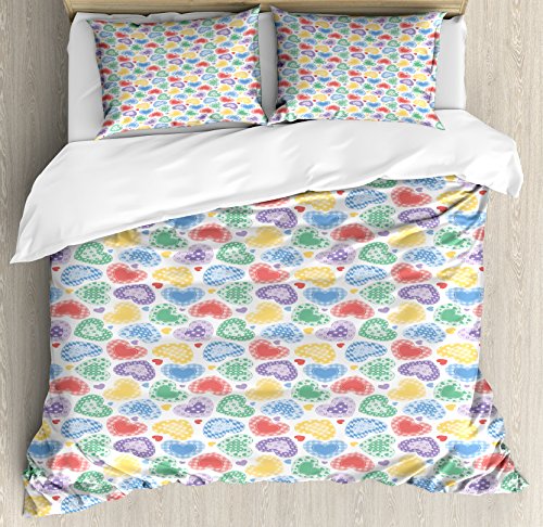 Ambesonne Love Duvet Cover Set, Patchwork Style Hearts White Backdrop Dreamy Fantasy Display Romantic Valentines, Decorative 3 Piece Bedding Set with 2 Pillow Shams, Queen Size, Multicolor